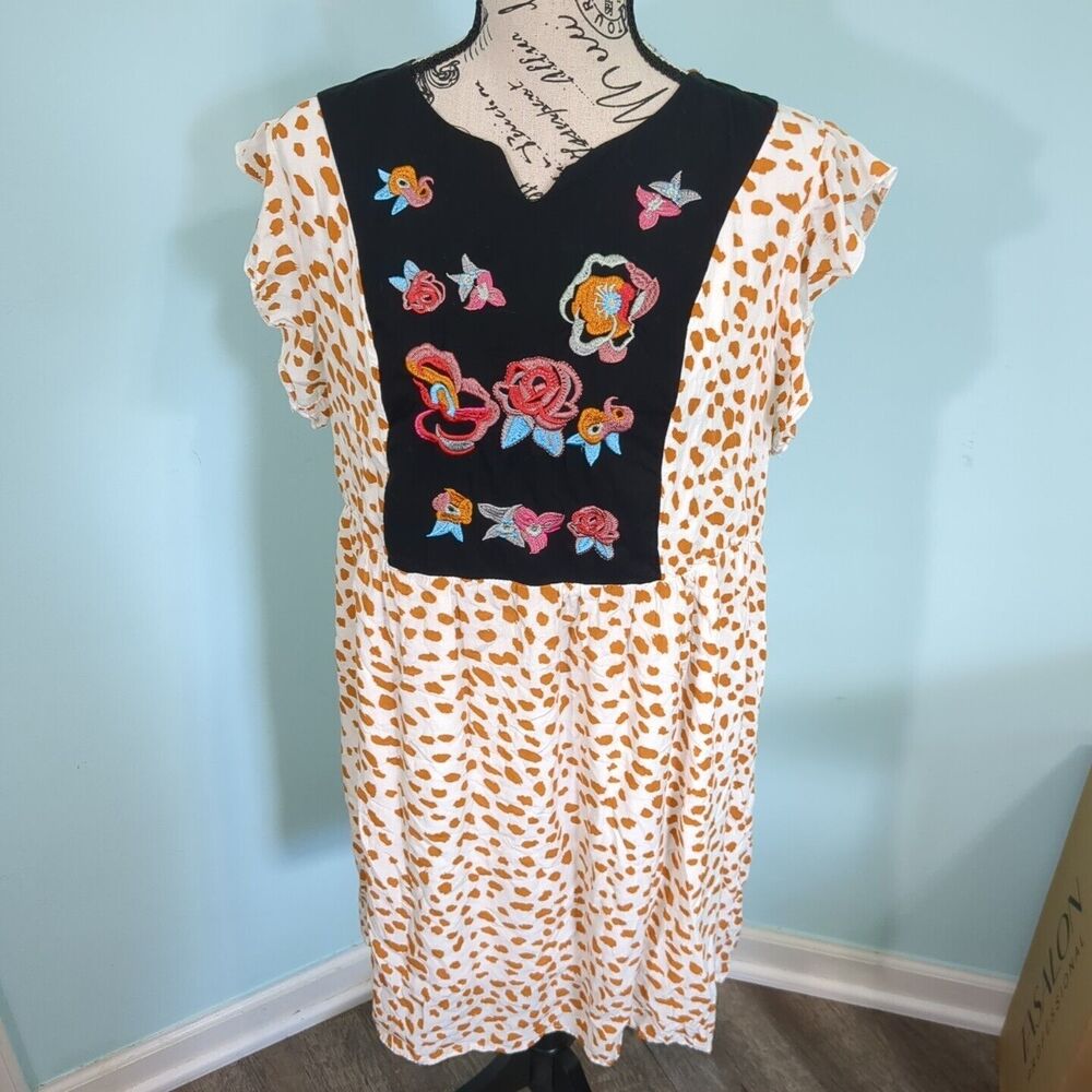 KIRUNDO Leopard Mini Dress V Neck Embroidered Floral Bohemia Babydoll large